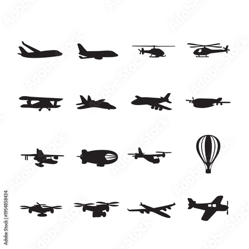 Collection of air transport silhouettes, aviation icons
