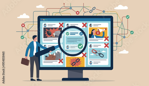 Fake news or false information spreading website social to media, screening verify truth to before sharing believe concept, man magnifying glass verify fake news website computer