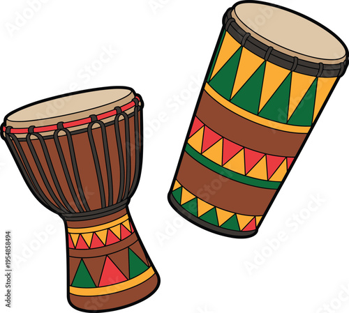 Traditional African djembe drums illustration, colorful tribal musical instruments, cultural percussion art, ethnic festival music concept design