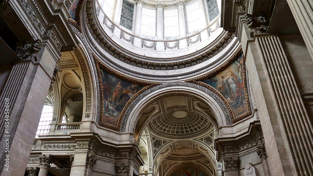 Fototapeta premium Magnificent interior of the Pantheon in Paris, showcasing the grand dome, neoclassical architecture, elegant columns, and historic details. Iconic French landmark, popular travel destination, and cult