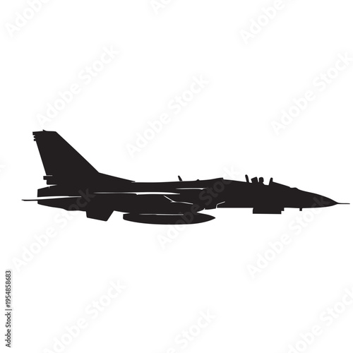 Black silhouette of an advanced fighter jet aircraft with pilot, side view, vector illustration