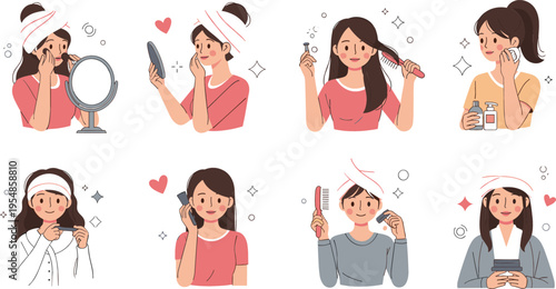 Women beauty routine set with skincare and haircare steps, daily self care activities collection cartoon vector illustration pack