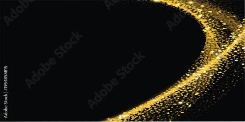 Golden glitter trail curving on black background, abstract festive sparkle, celebration motion effect, gold dust