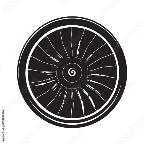 Black and white vector illustration of an aircraft turbine engine fan, detailed view