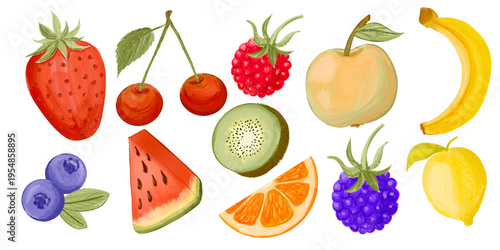 Variety of fruits including berries, citrus, and melons arranged on a simple background