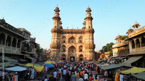 Historic South Asian Monument Archway Entrance Busy Marketplace Daytime Architectural Landmark Scene