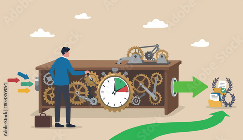 Efficiency or productivity, manage resources time optimize work result, increase performance effective process, businessman combine big desk clock timer gear cogwheel for best efficiency