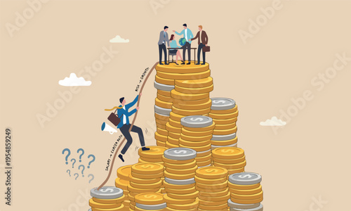 Financial modern, flat design with clean lines and minimal shading. The background is a solid pale beige or cream color businessman trying hard climbing rope to reach top of money coins stack