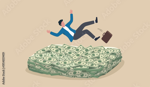 Insurance, reserve money or emergency fund business failure, mistake accident, compensation money support into cushion concept, fail businessman falling huge or money banknotes safety cushion