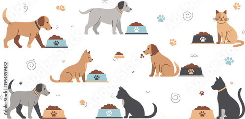Cute pets eating food set, dogs and cats with bowls collection, domestic animals feeding scenes cartoon vector illustration pack