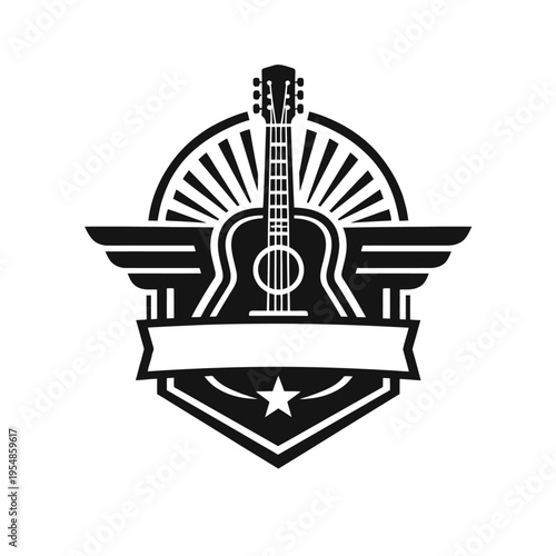 Classic acoustic guitar logo with majestic wings and a radiant sunburst, framed by a powerful shield and an inspiring star. Ideal for music artists, bands, instrument shops, music schools, and events