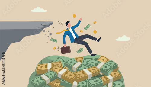 Insurance, reserve money or emergency fund on business failure, mistake accident, compensation money support cushion concept, fail businessman falling huge money banknotes safety cushion