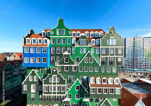 The famous Inntel hotel in the center of historical Zaandam, The Netherlands. Unique house facades. Dutch culture.