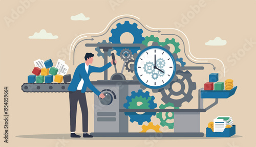 Efficiency or productivity, manage resources time optimize best work result, increase performance with effective process, businessman combine big desk clock timer or gear cogwheel for best efficiency.