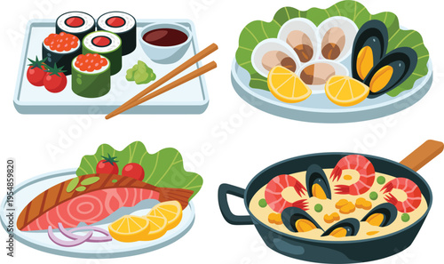 Fresh seafood vector collection, sushi rolls, grilled salmon, mussels and shrimp paella set for restaurant menus