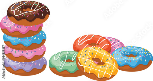 Colorful glazed donuts vector, stack of sweet chocolate and strawberry doughnuts, delicious dessert bakery illustration