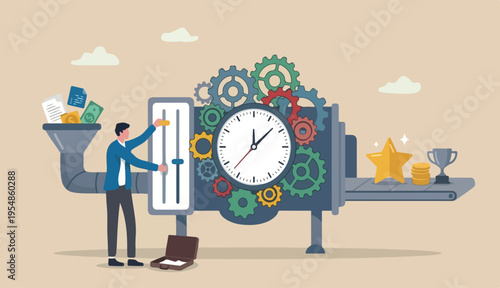  Efficiency or productivity, manage resources time to optimize work management improve result increase performance effective process, businessman combine clock timer gear cogwheel for best efficiency.
