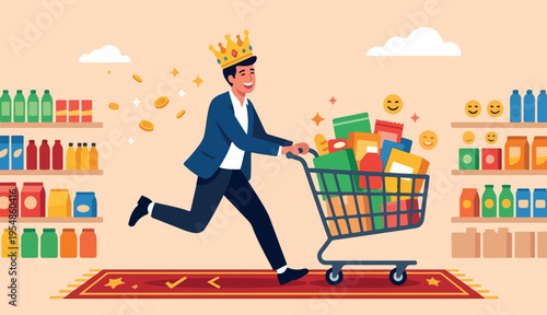 Customer is king, client want is most important, user experience or customer centric marketing strategy concept, happy man customer wearing king crown running with shopping cart ready to buy product.