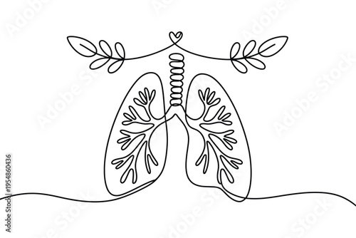 human respiratory system line art, integrating natural elements for a healthy lifestyle concept, lungs and airways illustration, botanical accents,medical and lifestyle awareness vector.