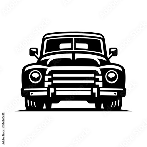 Bold Black & White Classic Vintage Pickup Truck Front View Illustration Vector Art Design. Iconic Retro Automotive Vehicle Logo for Car Enthusiasts, Mechanics, and Collectors. High-Quality Graphic Ass