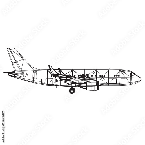 Blueprint style illustration of commercial airliner skeletal structure, detailed internal framework