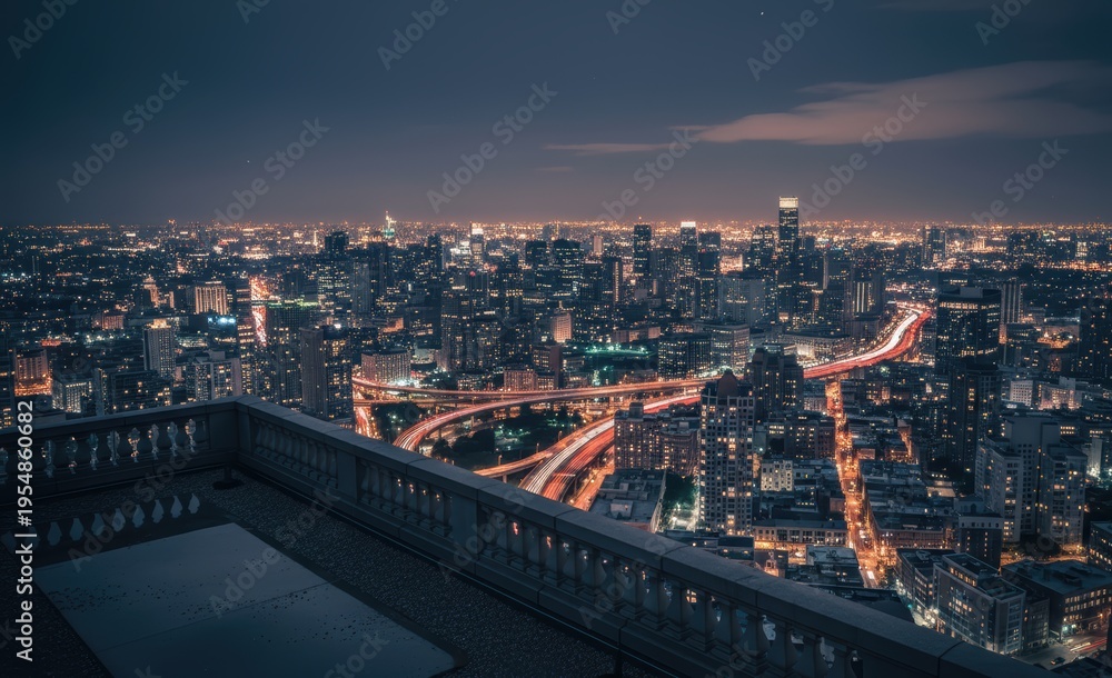 Naklejka premium Panoramic night view of a modern cityscape from a high rooftop, showing illuminated buildings and busy roads
