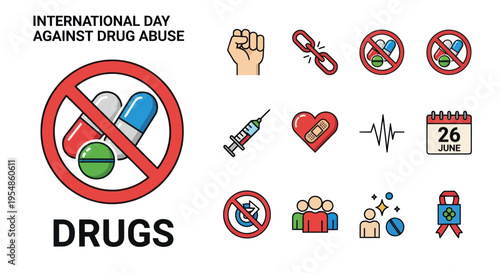 International Day Against Drug Abuse, no drugs icons