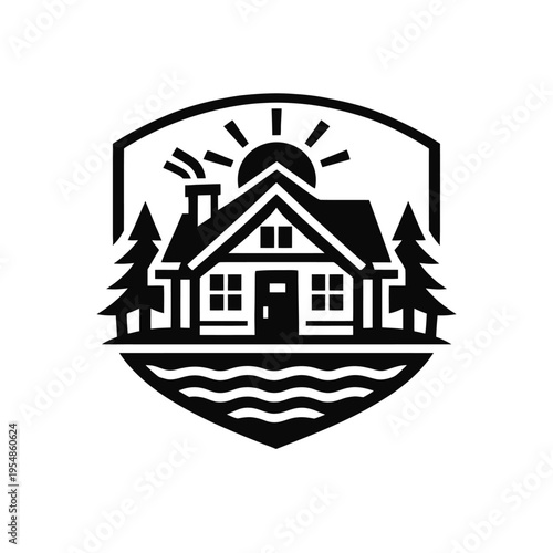 Rustic cabin logo featuring a cozy lakeside house nestled among pine trees with a radiant sun and wavy water. Perfect for branding vacation rentals, outdoor adventure, real estate, and nature retreats