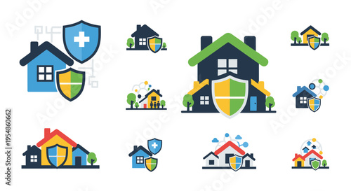 house insurance icons, shield and home protection symbols