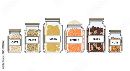 Variety of food in glass jars on white background