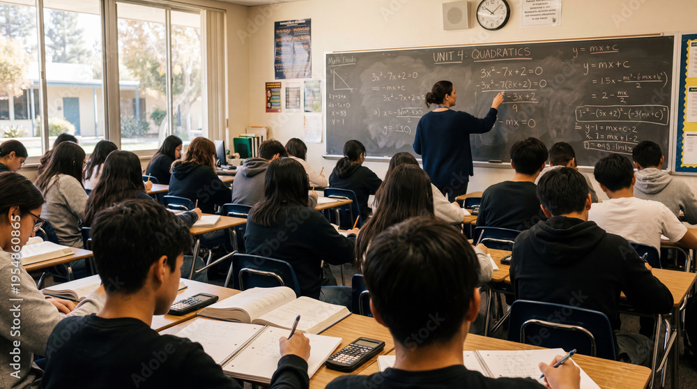Obraz premium Teacher instructs students on quadratic equations in a classroom setting with desks, notebooks, and a chalkboard filled with mathematical formulas