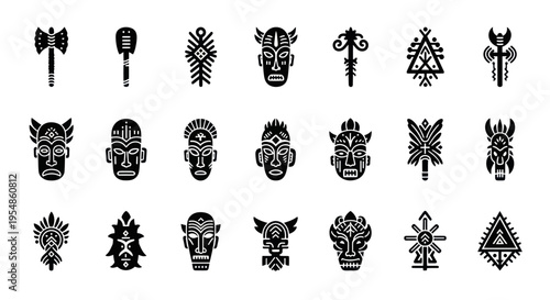 tribal masks and symbols set