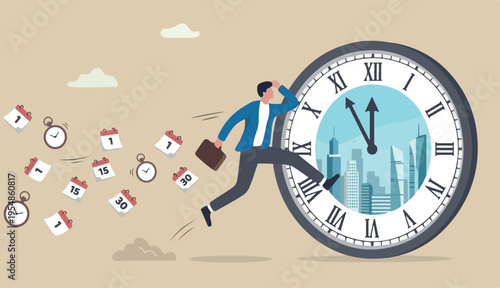 Time management time travel future, time fast work deadline, productivity efficiency, effort work schedule, evolution concept, businessman jump into clock the future.
