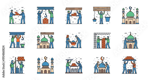 Ramadan Kareem illustration set, mosque and people