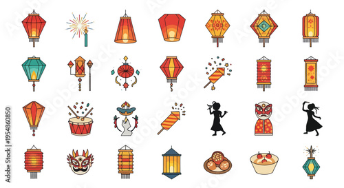 Chinese New Year festival icons, lanterns and decorations