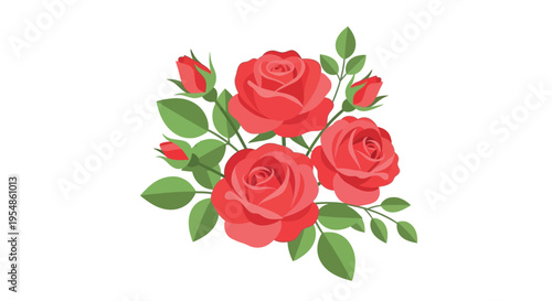 A vibrant bouquet of roses with lush green leaves and buds on display