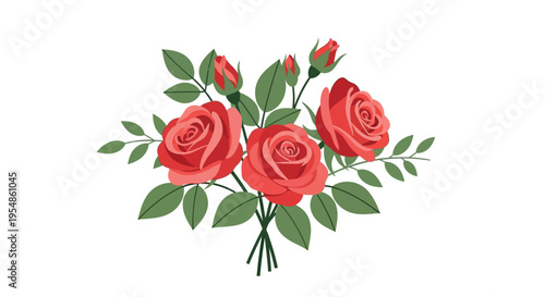 A beautiful bouquet of roses with lush green leaves and vibrant red petals.