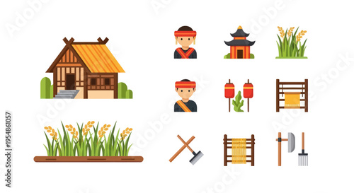 japanese farm icons, rural landscape