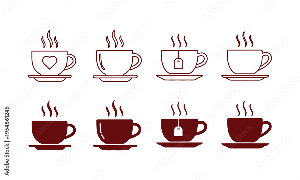 Fototapeta premium Set of coffee and tea cup icons with steam