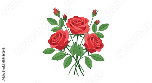 A vibrant bouquet of roses with lush green leaves and buds stands out