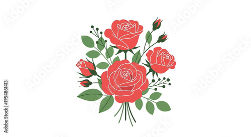 A vibrant bouquet of roses with green leaves, featuring several fully bloomed flowers and some buds, showcasing a beautiful floral arrangement.