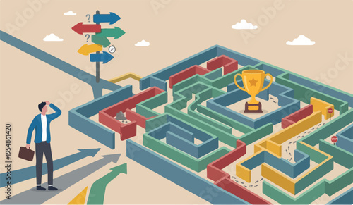 Path the way to achieve target or goal and win trophy, solve problem or business decision concept, contemplation businessman finding the way in labyrinth to reach target