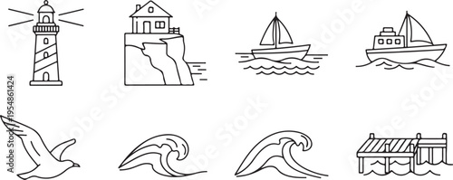 Set of ten black and white line depicting various business and communication symbols office d