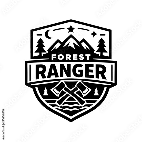 Forest Ranger vintage outdoor badge logo: Majestic mountains, towering pine trees, crescent moon, guiding stars, crossed axes, flowing water. Rugged nature emblem symbolizes wilderness adventure, expl