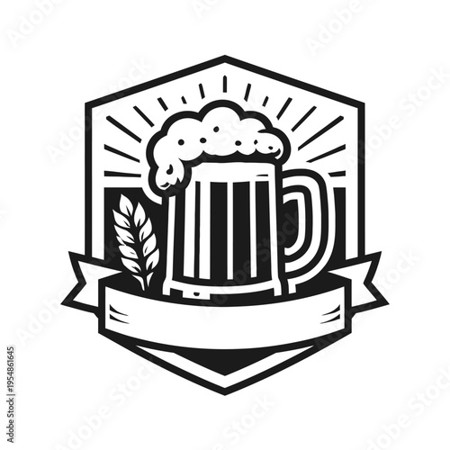 Premium Craft Beer Mug Logo Design with Barley & Frothy Head in Vintage Shield Emblem, Ideal for Brewery Branding, Pub Signs, Microbrewery Labels, and Artisan Beverage Marketing – Classic Monochrome A