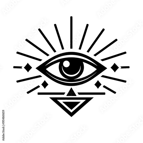 Profound Mystical All-Seeing Eye with Radiant Beams, Sacred Geometric Symbols, and an Emblematic Triangle Below, Representing Spiritual Enlightenment, Divine Protection, Inner Wisdom, and Universal Co