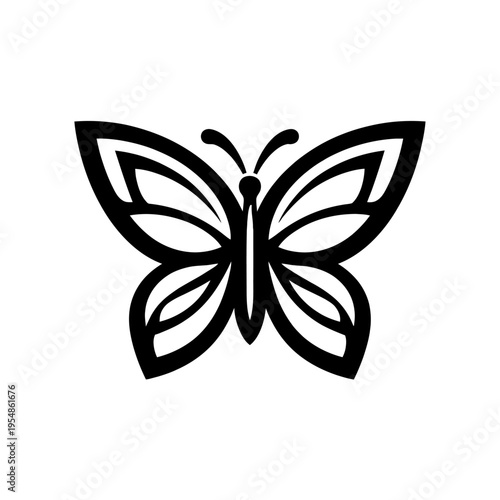 Elegant black and white butterfly icon design. This beautiful stylized insect graphic features bold outlines and delicate internal patterns, perfect for branding, nature themes, or decorative digital