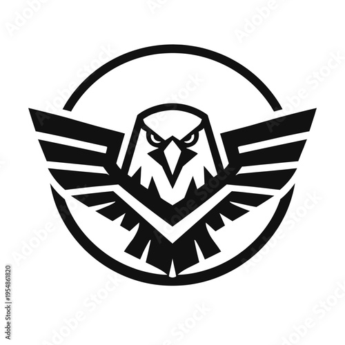 Bold geometric black & white eagle/hawk logo, powerful spread wings. Perfect for sports, gaming, security, aviation, corporate branding. Fierce raptor emblem for strength, freedom, precision, leadersh