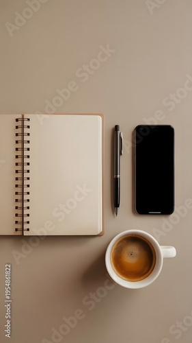 A minimalist flat lay photograph of a curated workspace arranged on a warm beige background.