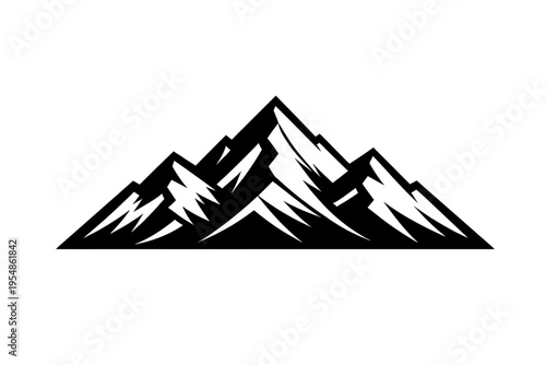 Striking Black and White Vector Mountain Peaks Silhouette Icon, showcasing a rugged alpine landscape with sharp geometric lines, ideal for modern outdoor adventure branding, hiking logos, and nature-t